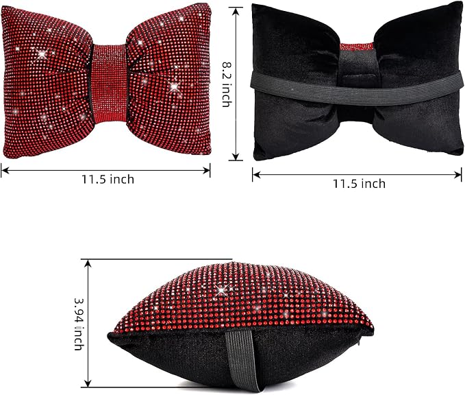 4 PCS Bling Car Pillows,Rhinestones Bowknot Car Headrest Pillow,Car Neck Pillow for Driver Relax Necksupport,Sleeping Travel Support Neck Pillow,Shiny Diamond Interior Accessories for Women,Red