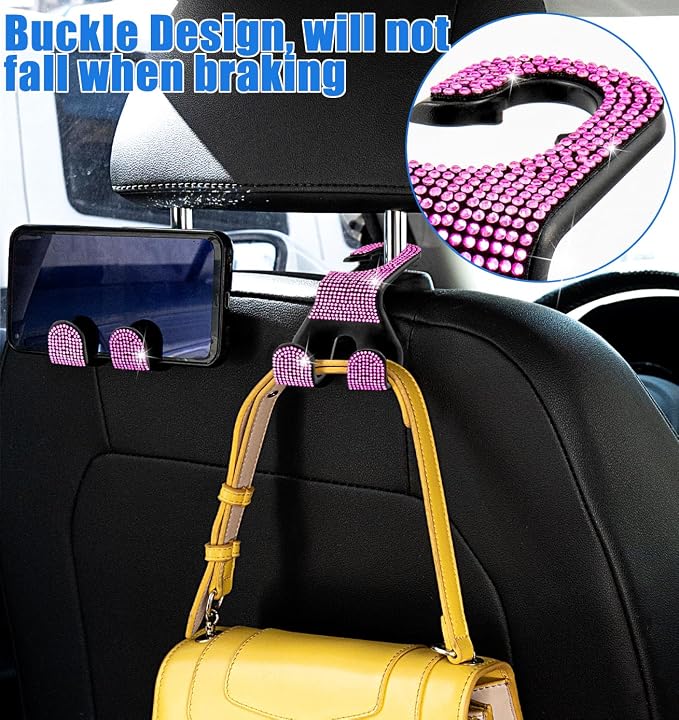 Bling Car Purse Hooks 2Pcs, Durable Car Headrest Hook, Holds 44Lbs, Double-Hooks, Wide-Opening, Rhinestone Automobile Purse Hangers Holder, Bling Car Accessories for Women, Pink