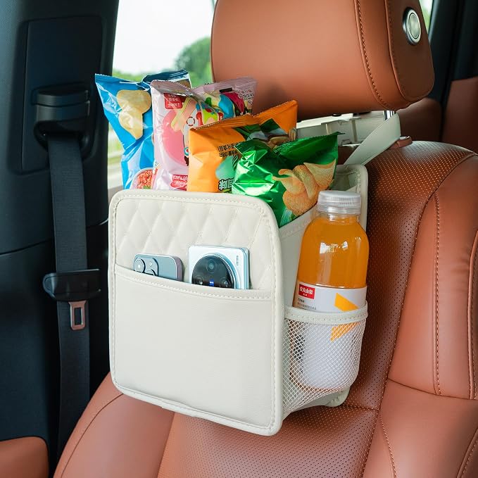 Car Seat Back Hanging Bag Car Document Holder Multi-Pocket Bottle Bag Storage Box Organizer Travel Tidy Pouch Pocket Kids Beige