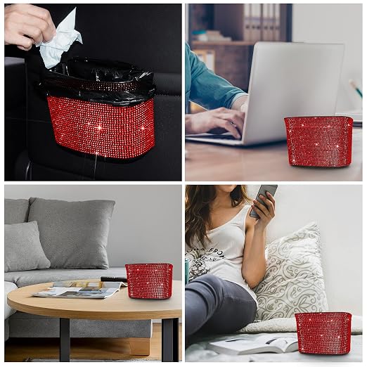 Car Trash Can, Hanging Trash Bin, Leakproof Garbage Organizer, Bling Vehicle Waste Basket, Mini Dustbin Container with Clip for Car, Office, Kitchen, Bedroom, Home and More, Red, Small