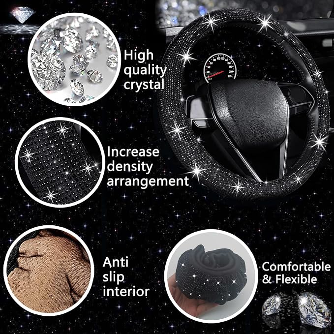 27 PCs Black Bling Car Accessories Set for Women, Steering Wheel Covers Universal Fit 15 Inch, Bling License Plate Frame, Bling Phone Holder, Bling Car Coasters (Black Diamond)