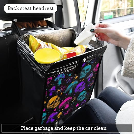 Car Trash Can Organizer Bin with Adjustable Strap for Back Front Seat Console Waterproof Leakproof Collapsible Portable 11 Inch Neon-colored Skulls Stars Mushrooms