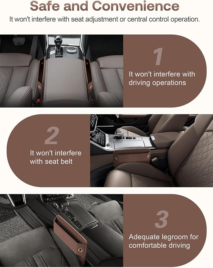 Premium Leather Car Seat Gap Filler Organizer (0.2”-1.2" Gaps), Clever Gifts for Car SUV Truck Owners (Brown, 2 Pack)