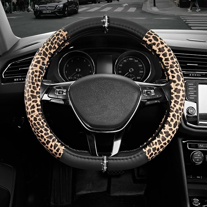 Leopard Steering Wheel Cover for Women, Cute Anti-Slip Microfiber Leather, Fits D Shape Flat Bottom Steering Wheel 14.5-15 Inch - Black