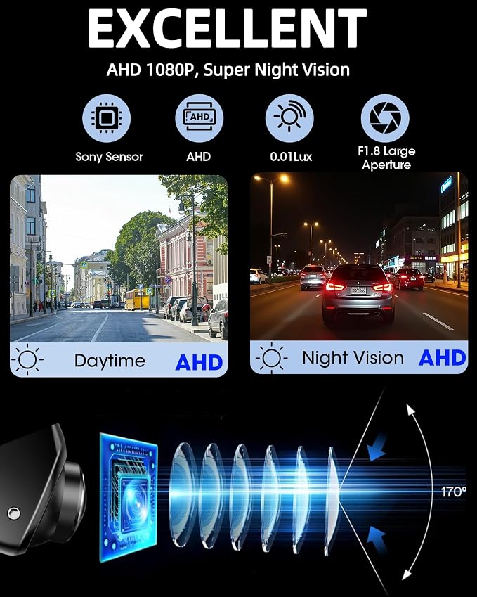 【360°Rotatable】 AHD 1080P Backup Camera for Car Super Night Vision 170° Wide Angle Reverse Camera IP69 Waterproof Back Up Camera for Cars Front Rear View Camera w Parking Assist