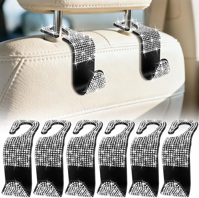 6 Pack Bling Car Seat Headrest Hooks, Bling Car Accessories for Women, Rhinestone Purse Hook for Car, Universal Storage Organizer for Handbag Grocery Bags Coats (Bling White)