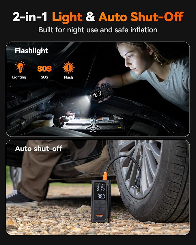 HyperFlow19 Tire Inflator Portable Air Compressor, Cordless Air Pump for Car Tires with Digital Pressure Gauge, Auto Shutoff & LED light, Tire pump for Car, Motorcycle, Bike