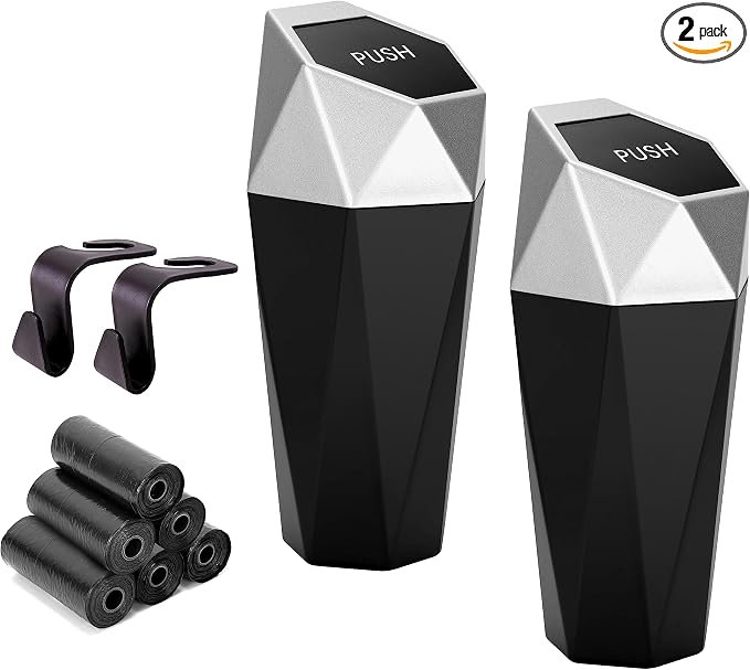 Car Trash Can Cup Holder, 2 Pack Mini Car Trash Can with Lid, Car Accessories for Interior, Leakproof Small Trash Cup for Car, Home with Additional 2 ABS Hooks and 90pcs Trash Bags Silver