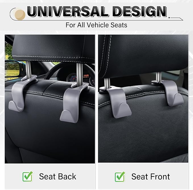 4 Pack Car Seat Headrest Hooks, Vehicle Back Seat Hanger Storage Organizer for Purse Handbag Backpack Coat Grocery, 360° Rotating Heavy Duty Holds 44lbs, Gray