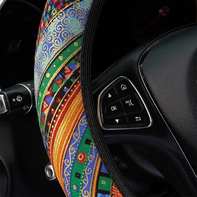 3 Pack Boho Steering Wheel Cover with Car Cup Holder Coasters Universal Baja Hippie Bohemian Style Steering Wheel Covers Cute Car Steering Wheel Cover for Women Girl 15 Inch (Orange)