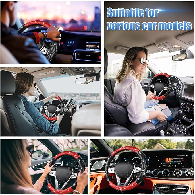 Black and Red Steering Wheel Cover, Auto Diamond Style Cute Bling Comfort Car Interior Accessories Protector Sparkly Fit Most O-Shaped Steering Wheels