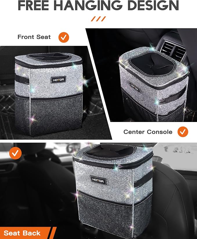 Car Trash Can with Lid and Storage Pockets - 100% Leak-Proof Organizer, Waterproof Garbage Can, Multipurpose Trash Bin for Car, 2 Gallons, Sparkle White
