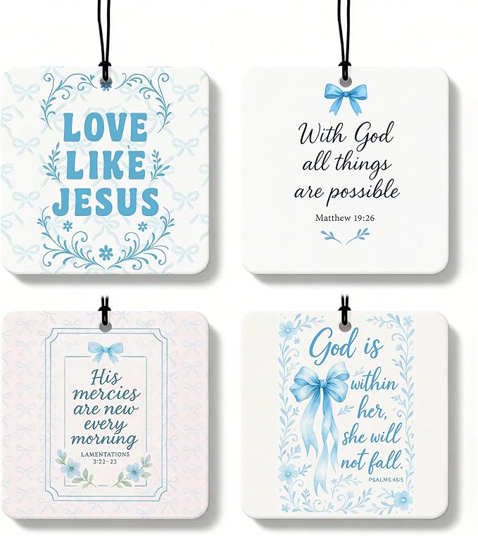 Inspirational Christian Orange Car Air Freshener 4 Pcs, Blue Coquette Bow Religious Square Hanging Air Freshener for Closet Drawer Books, Girly Christian Car Accessories Mirror Decor for Women