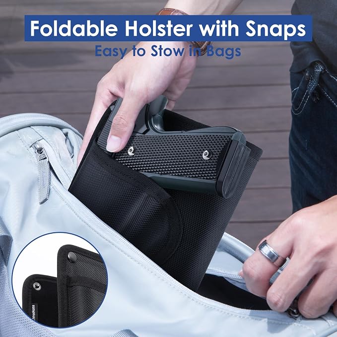 Upgraded Gun Holster with Back Hook, Strong Adhesive Strip, Two Way Mount, Universal Pistol & Mag Holster for Most Pistols, Foldable Gun Holsters with Snap Button, for Daily Storage or Outside Carry