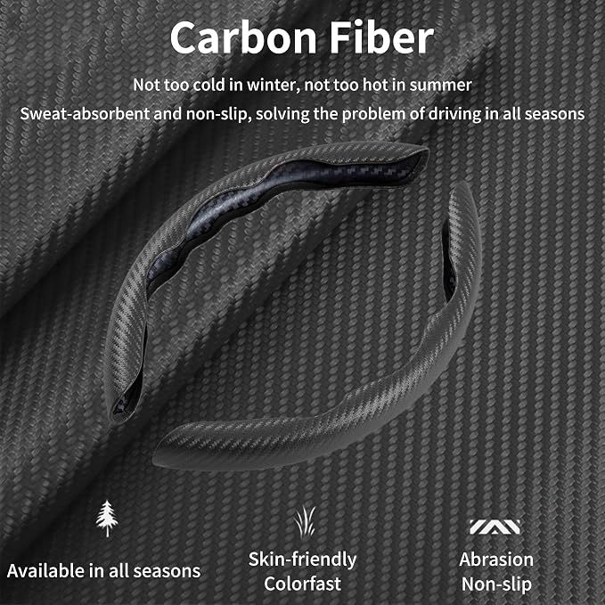3Pcs Carbon Fiber Steering Wheel Cover Universal Fit 99% Cars | Non-slip soft grip, easy to wipe clean, quick to install, perfect for daily commutes and road trips, Black