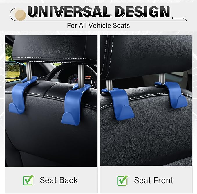 4 Pack Car Seat Headrest Hooks, Vehicle Back Seat Hanger Storage Organizer for Purse Handbag Backpack Coat Grocery, 360° Rotating Heavy Duty Holds 44lbs, Blue