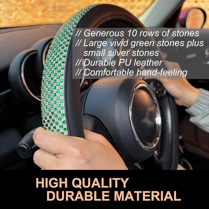 Bling Bling Comfy Steering Wheel Cover with Jumbo Crystal Rhinestones, Anti-Slip Diamond Leather, Universal 15 Inch (Vivid Green)