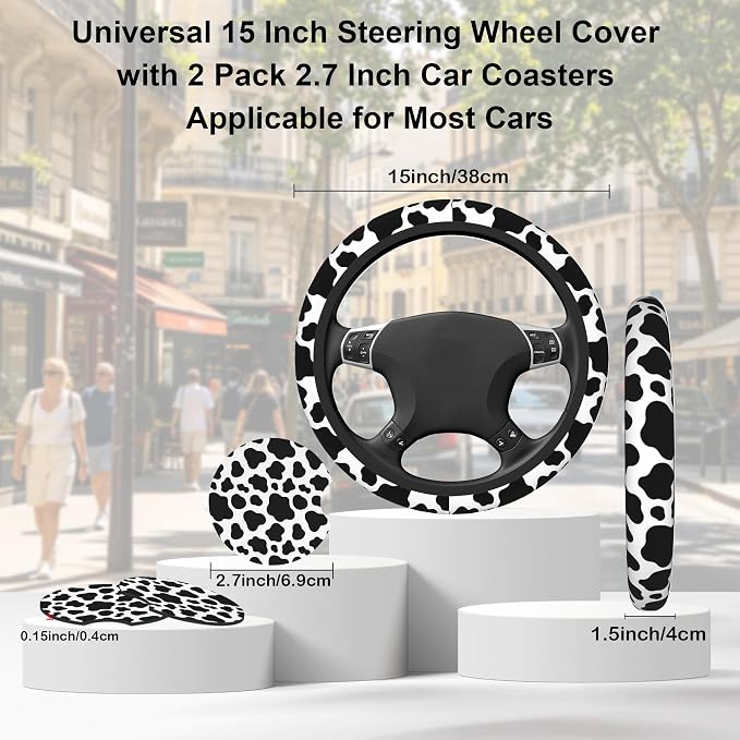Cow Print Steering Wheel Cover with 2 PCS Cup Coasters for Car,Black and White Cow Print 15 Inch Non-Slip Neoprene Steering Wheel Covers,Breathable Car Accessories Fit for Men Women