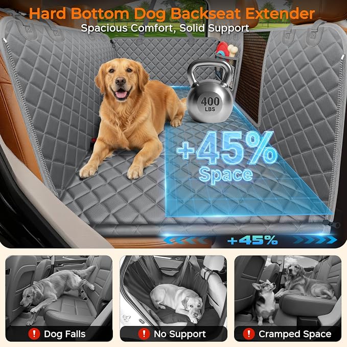 XL Dog Backseat Extender for Full-Size Crew Cab Truck, Hard Bottom Dog Car Seat Cover for Back Seat Holds 400lbs, Waterproof Dog Hammock Pet Rear Seat Protector Travel Bed for F150 / Silverado