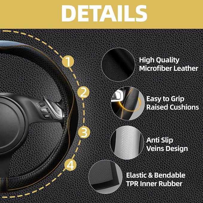 10 PCS Leather Car Seat Covers Front Set, 14.5”-15'' Sporty Steering Wheel Cover Universal, Center Console Cover, Seat Belt Cushion, Cup Holder Coaster, Car Interior Set Beige