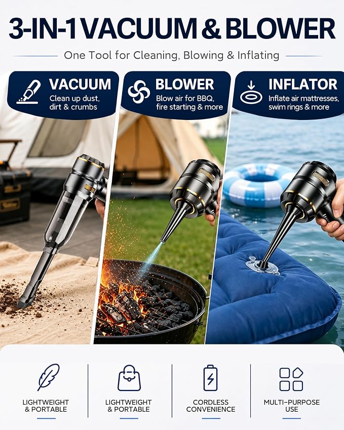 Car Vacuum Portable Cordless 20000PA High Power 4-in-1 Compressed Air Duster & Air Blower & Pump Hand Held Vacuum with Brushless Motor for Car, Home, Office,Camping Ideal Gifts for Men & Women