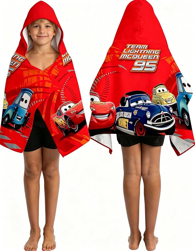 Cars Printed Soft Cotton Terry Hooded Towel Wrap, Absorbent Wearable Hooded Towel for Bath Pool Beach, 28 in x 55 in