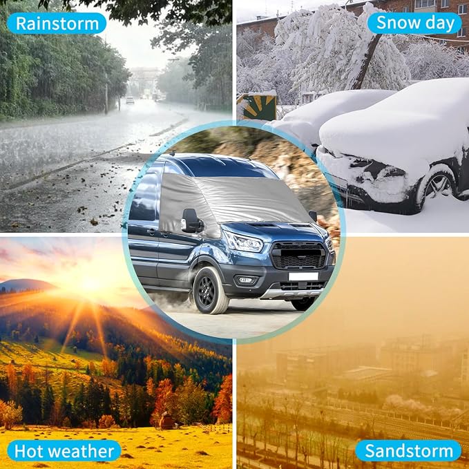Silver RV Windshield Cover for Ford Transit 2015-2026 | Fits Transit 150 250 350 350HD, Hail Protector, Waterproof Snow Cover