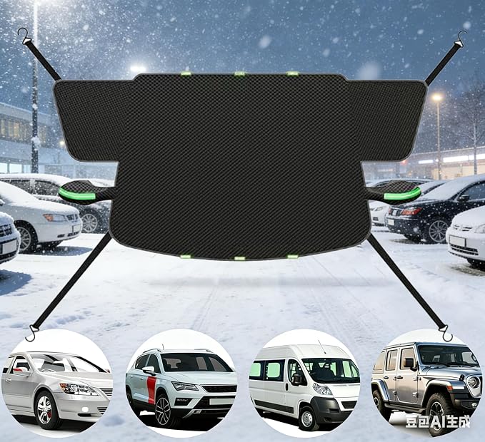 Front Windshield Snow Cover with Side Window Protection for Car and SUV, Winter Frost Ice Guard, Windproof Car Windshield Protector (Oxford Cloth Reflective Strips Green)