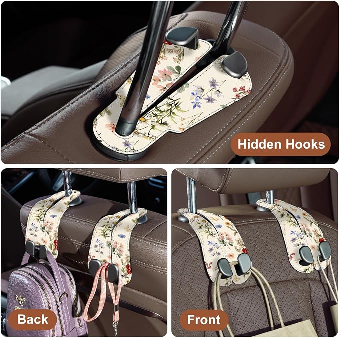 CoBak Purse Hook for Car - Universal Premium Stitched Leather and Aluminum-Magnesium Alloy Double Car Seat Back Storage Hook for Purses, Handbags, Bags (2 Pack),Antique Floralia