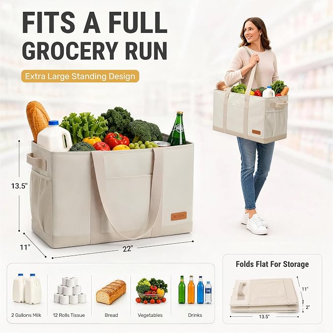 Extra Large Utility Tote Bag - Standing Reusable Grocery Bag with Handle, Collapsible Storage for Shopping, Beach