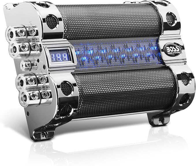 Cap18 - 18 Farad Car Capacitor For Energy Storage To Enhance Bass Demand From Audio System, Audible Warning Tone For Reverse Polarity, Voltage Overload Low Battery Voltage Led