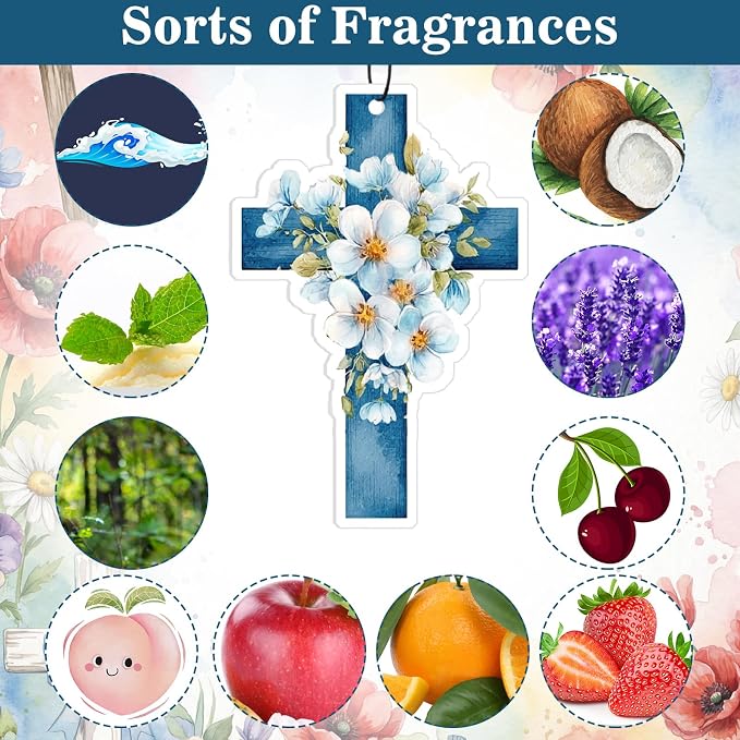 30 Pack Christian Cross Air Fresheners Bulk Religious Fresh Flower Scented Hanging Ornaments for Rearview Mirror Cross Fresheners Accessories for Women Men