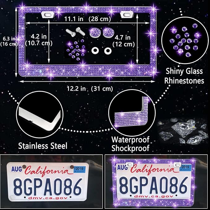 27 PCs Purple Violet Bling Car Accessories Set for Women, Steering Wheel Covers Universal Fit 15 Inch, Bling License Plate Frame, Bling Phone Holder, Bling Car Coasters