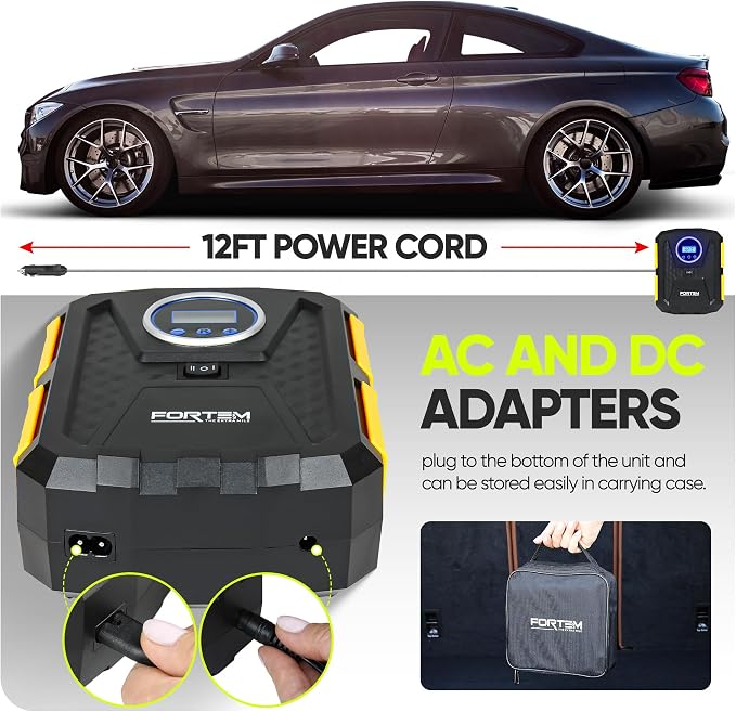 Tire Inflator Portable Air Compressor, Air Pump for Car Tires and Bikes, Car Tire Pump w/Auto Shut Off, 150 PSI, 110V AC 12V DC, LED Light, Carrying Case, Perfect For Men, Women