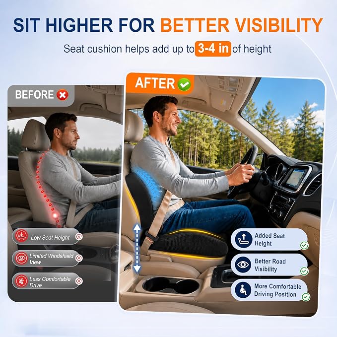 Car Seat Cushion and Lumbar Back Support Pillow Set for Driving | Memory Foam Car Seat Cushions, Back Support for Car, Car Cushion for Height, Pressure Relief for Trucks, Office Chairs, Black