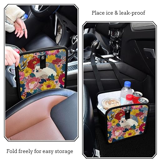 Car Trash Can Organizer Bin with Adjustable Strap for Back Front Seat Console Waterproof Leakproof Collapsible Portable 11 Inch Garden Flowers Hedgehogs Colorful