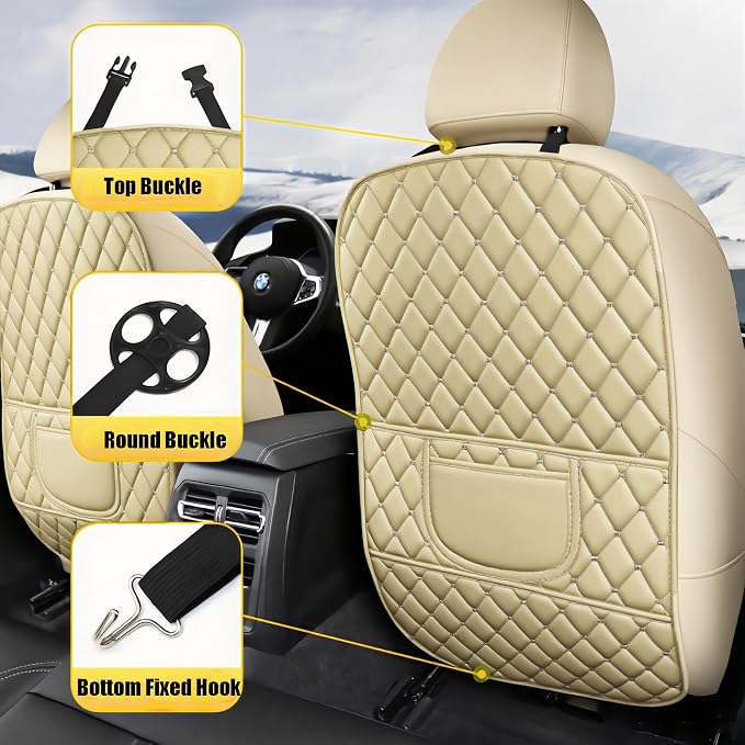 Leatherette Car Seat Protector - 2 Pack Large Car Kick Mats with Storage Organizer Seat Back Cover Against Dirty Shoes & Scratches, Universal Fit for Most Vehicles (Beige)