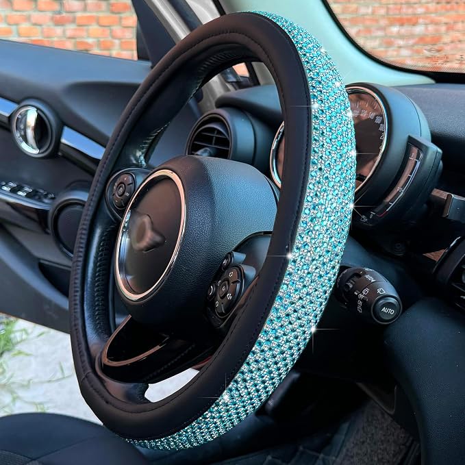Large Size Bling Comfy Steering Wheel Cover with Jumbo Crystal Rhinestones, Anti-Slip Diamond Leather, 15.5-15.75 Inch (Sky Blue)