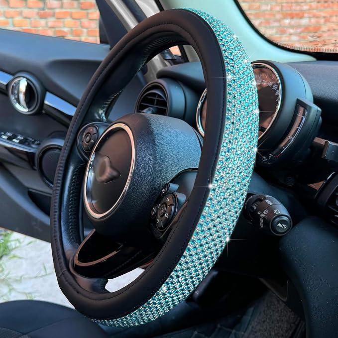 Bling Bling Comfy Steering Wheel Cover with Jumbo Crystal Rhinestones, Anti-Slip Diamond Leather, Universal 15 Inch (Sky Blue)