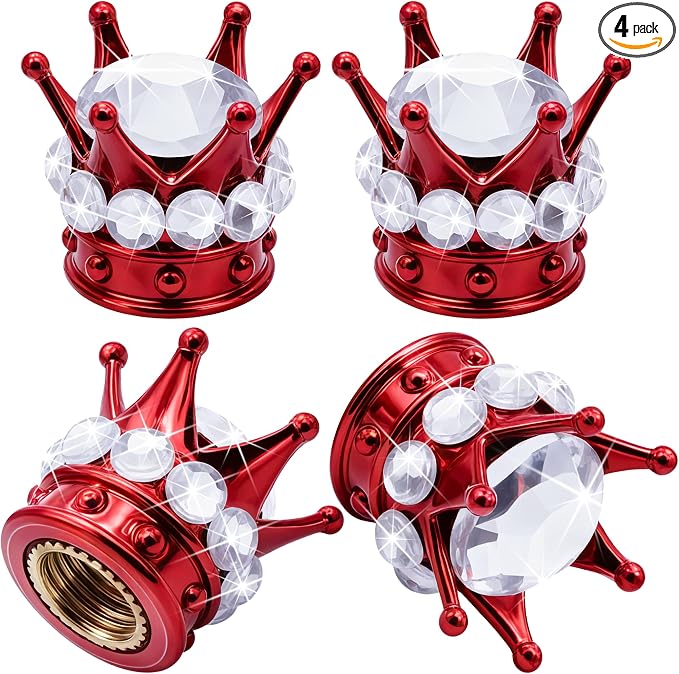 4PCS Crown Bling Tire Stem Valve Caps, Crystal Diamond Car Wheel Tire Valve Caps Universal Copper Core Stem Covers for Cars, SUV, Trucks, Bikes, Motorcycles, Bicycles (Red & Silver)