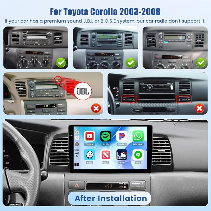 [4G+128G] Android 15 Car Radio for Toyota Corolla EX 2005-2012 Car Stereo with Wireless Carplay/Android Auto, 9 Inch HD Touchscreen with GPS WiFi Bluetooth FM/RDS EQ SWC Backup Camera MIC