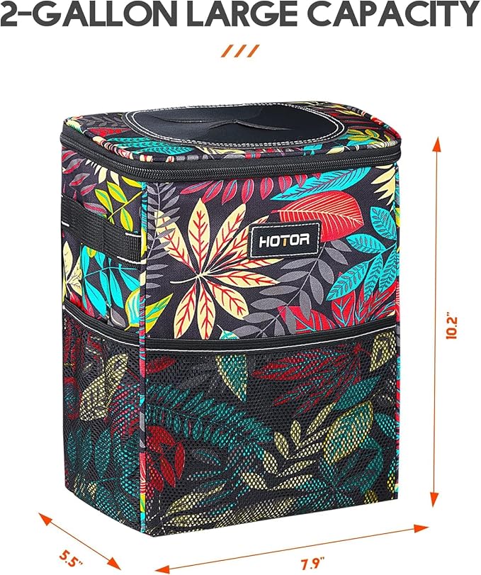 Car Trash Can with Lid and Storage Pockets - 100% Leak-Proof Organizer, Waterproof Garbage Can, Multipurpose Trash Bin for Car, 2 Gallons, Autumn Leaves