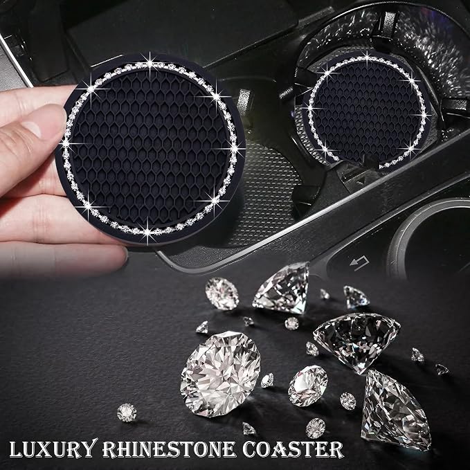 4PCS Bling Cup Holder Coaster, 2.75 Inch Auto Car Cup Holder Insert Coasters, Soft Silicone Anti-Slip Shockproof, Universal Vehicle Interior Accessories for Women Girls (Black & White)