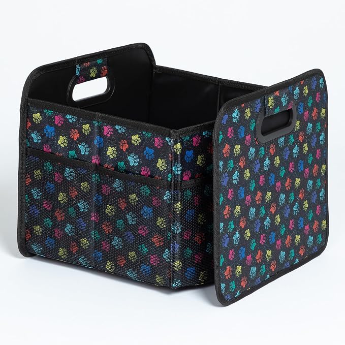 Paws Car Trunk Organizer Foldable Storage Bin with Handles Non Slip Base Pet Gear Travel Tote for SUV Truck (Confetti Paws)