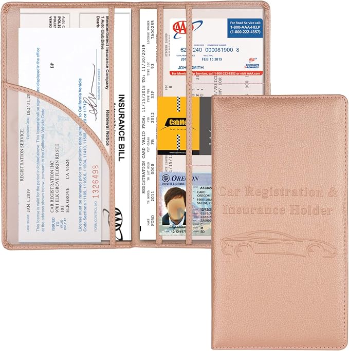 Car Registration and Insurance Holder, Vehicle Glove Box Car Organizer Men Women Wallet Accessories Case with Magnetic Shut for Cards, Essential Document, Driver License, Rose Gold