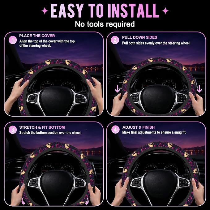 Gothic Skull and Rose Steering Wheel Cover for Women Men Neoprene Breathable Wheel Cover Protector Anti-Slip Car Accessories Universal 15 Inch Fit for Cars Trucks Vehicles