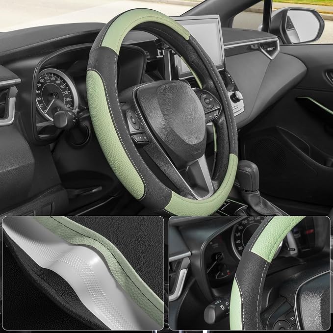 Steering Wheel Cover for Car, Standard Size 14.5-15 inch, Auto Interior Accessories, Black and Pastel Green