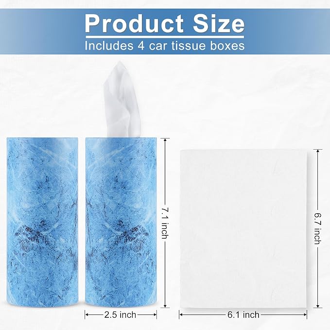 Car Tissue Holder, 4 Pack Car Cup Holder Facial Tissues with Travel Tissue Bag, Quick and Convenient Flower Combination Box(4 Canisters/200 Tissues) Blue
