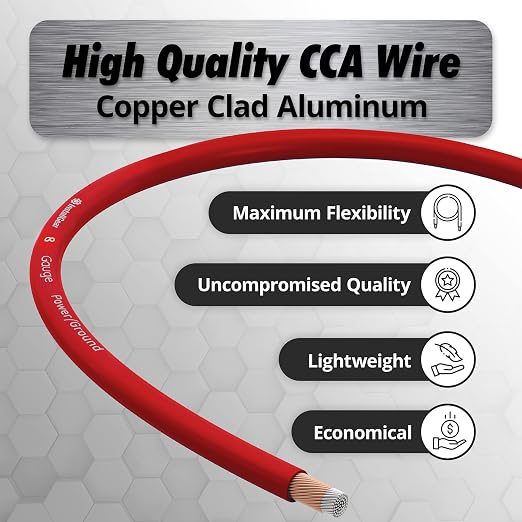 8 Gauge Wire (50ft) Copper Clad Aluminum CAA - Primary Automotive Wire, Car Amplifier Power and Ground Cable, Battery Cable, Car Audio Speaker Stereo, RV Trailer Wiring Welding Cable 8ga