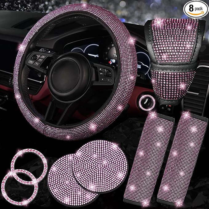 8 pcs Pink Bling Car Accessories Set for Women, Steering Wheel Cover, Sparkly Seat Belt Covers, Bling Gear Shift Cover, Universal Fit Most Cars (Pink Diamond)